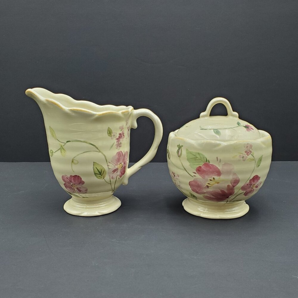 Pfaltzgraff Silk Rose Creamer and Sugar Bowl with Lid Pink Red Floral Flowers